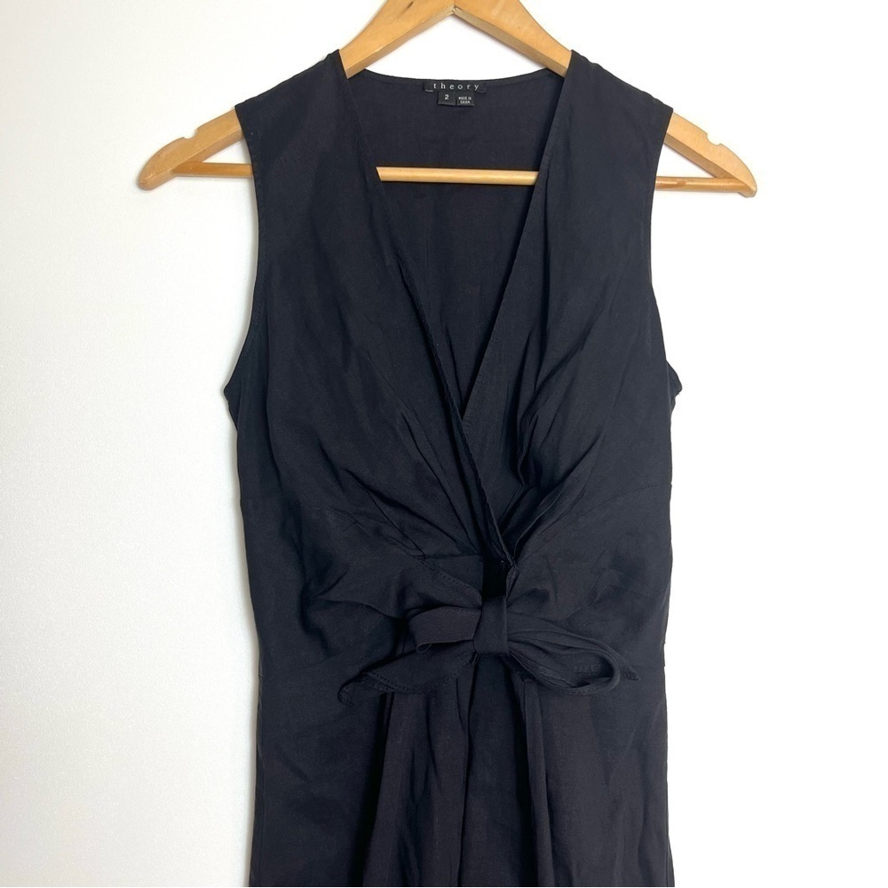 Theory Kenza Linen Blend A-Line Dress Sleeveless Tie Waist Black Size 2 - Picture 3 of 7